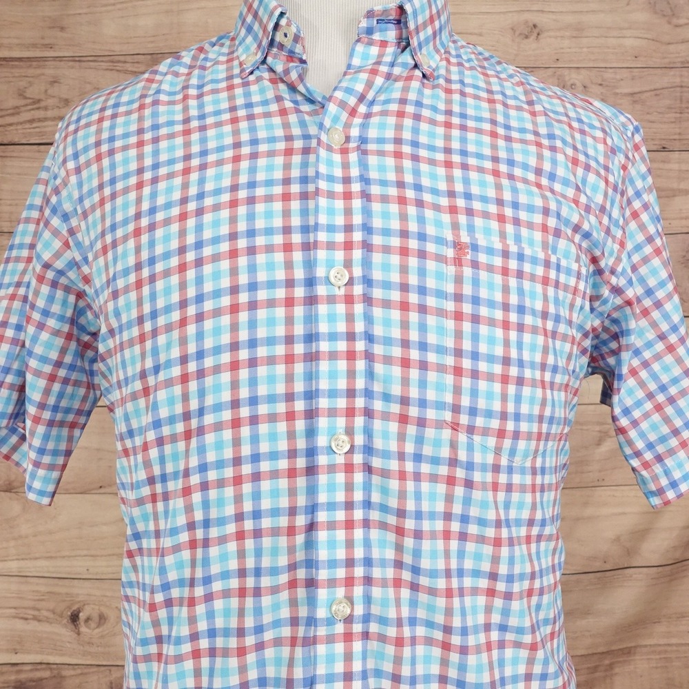 IZOD Shirt Mens L Blue Red Check Short Sleeve Button-Up Pocket Polyester